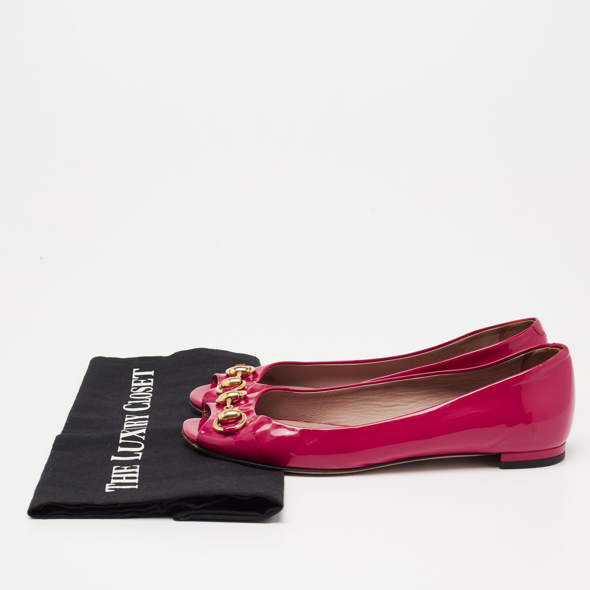 Gucci Pink Patent Leather Horsebit Open Toe Ballet Flats Size 36 1