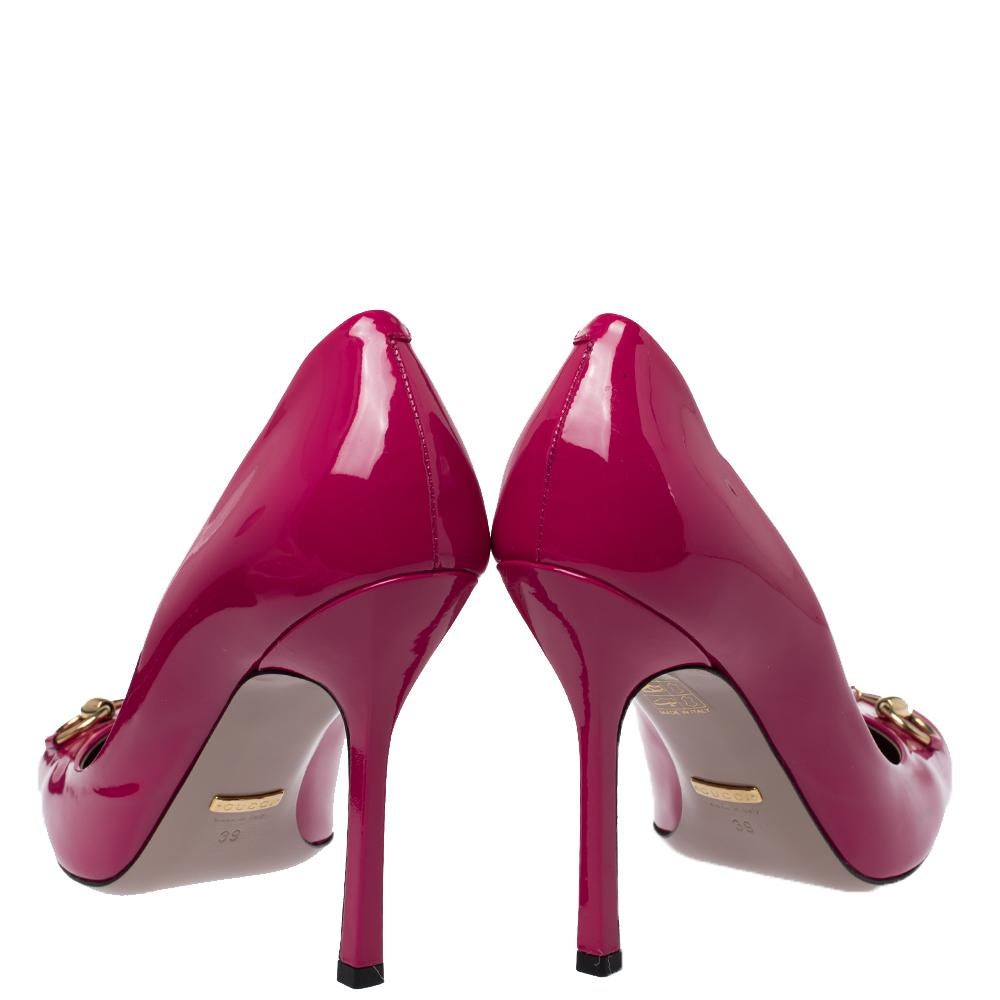 Brown Gucci Pink Patent Leather Jolene Horsebit Pumps Size 39