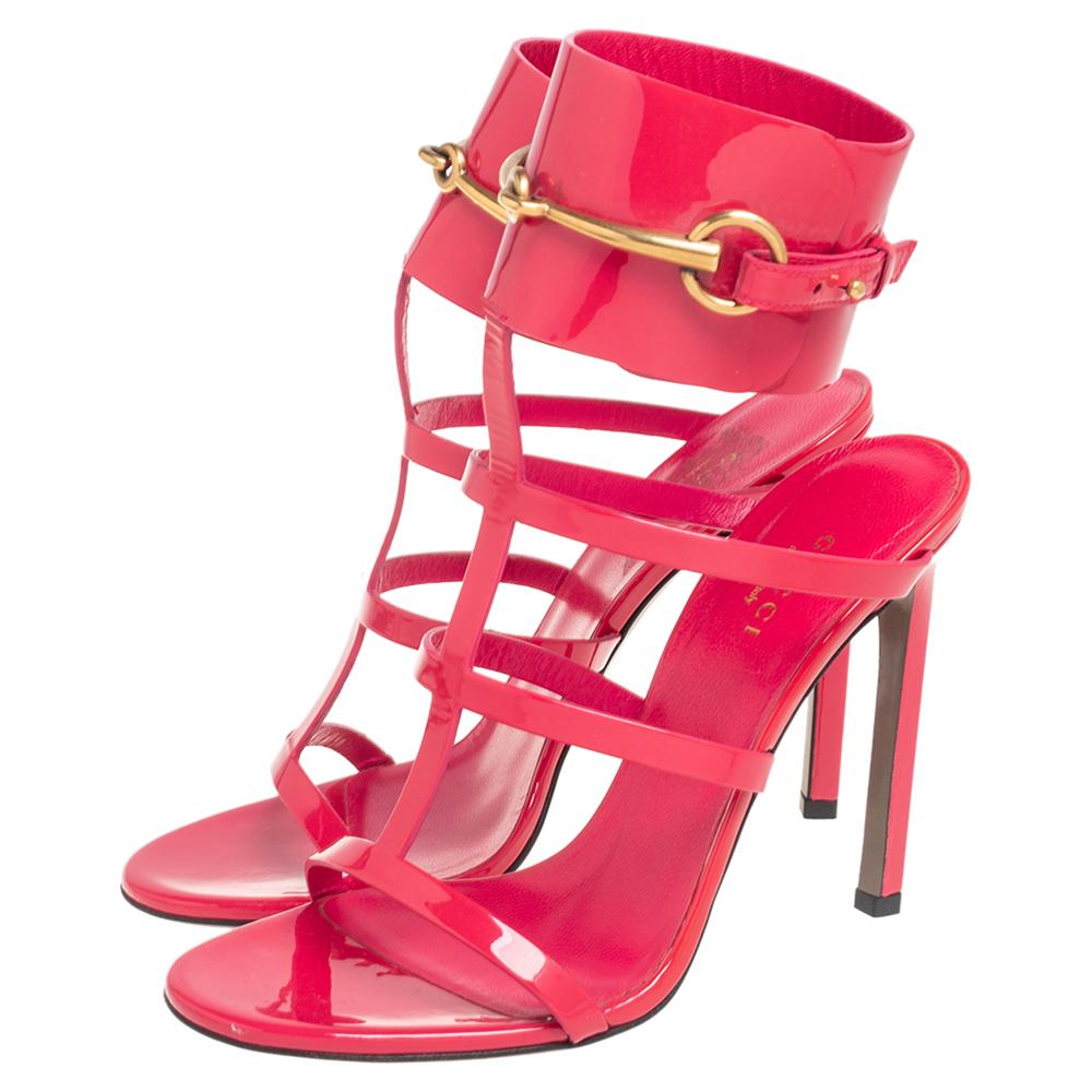 Women's Gucci Pink Patent Leather Ursula Horsebit Ankle-Strap Sandals Size 37.5