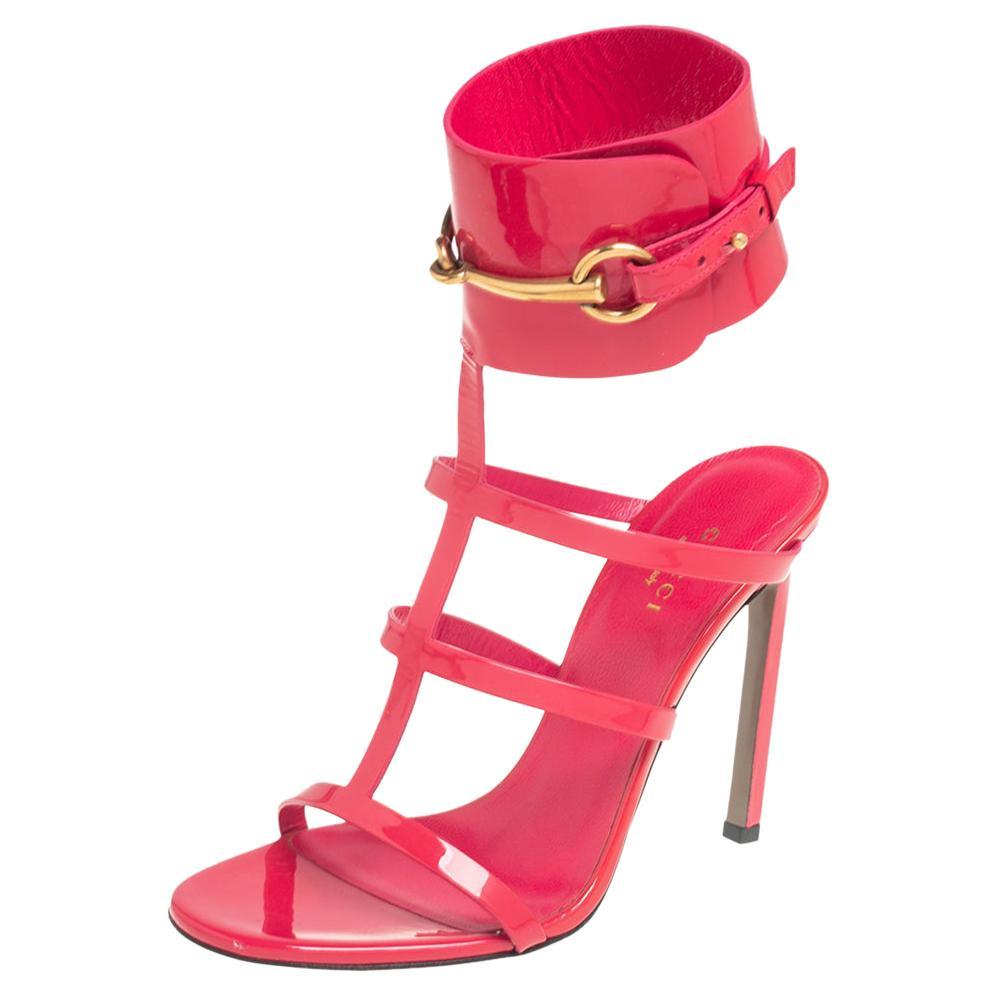 Gucci Pink Patent Leather Ursula Horsebit Ankle-Strap Sandals Size 37.5