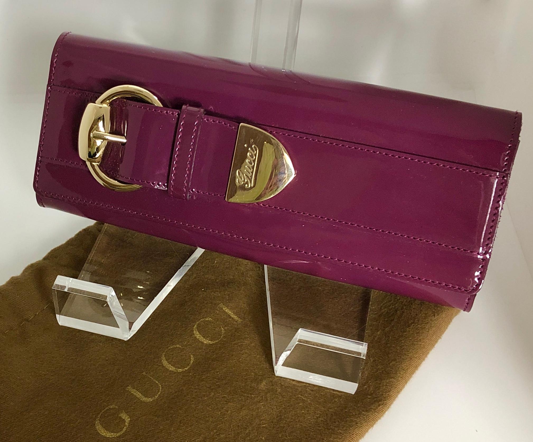Gucci Pink / Purple Patent Leather Mini Clutch with Gold Metal Insignia Hardware 8