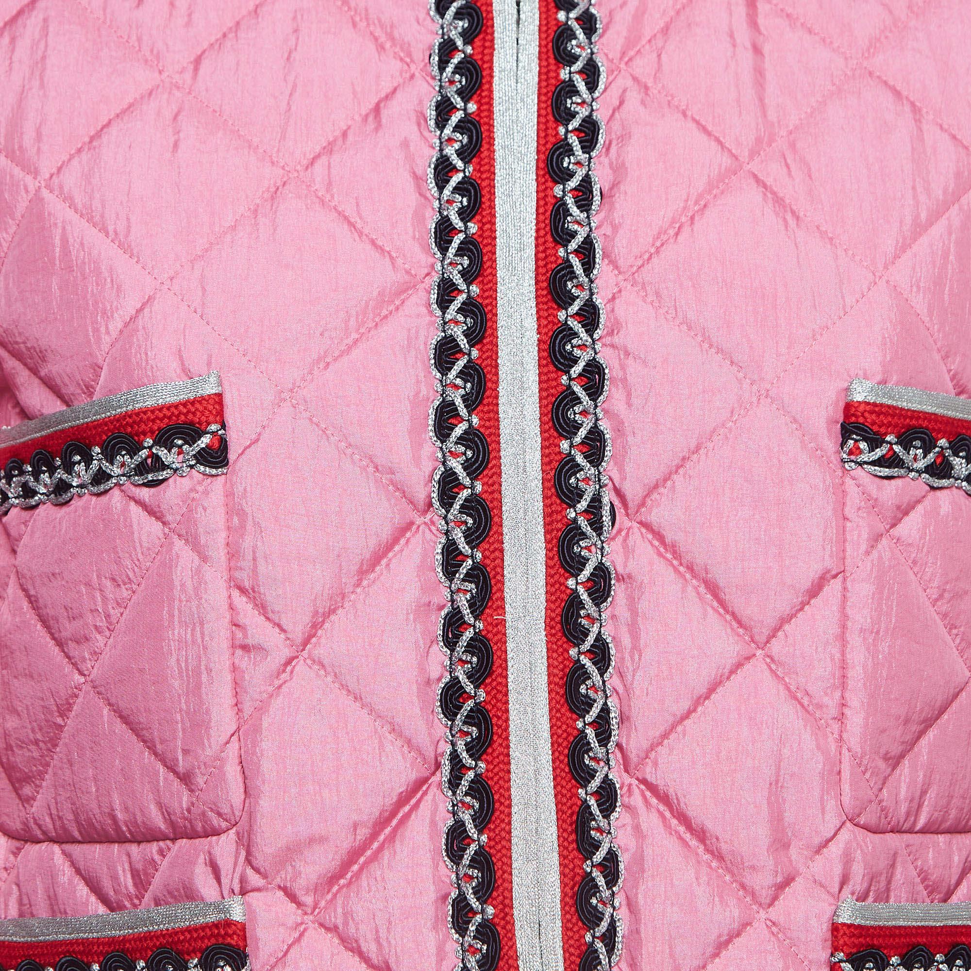 Gucci Pink Quilted Nylon Contrast Trim Collarless Jacket M In Excellent Condition For Sale In Dubai, Al Qouz 2