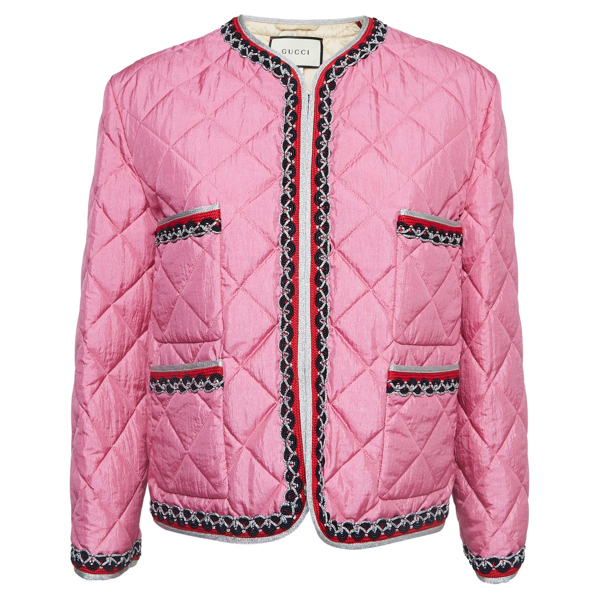 Gucci Pink Quilted Nylon Contrast Trim Collarless Jacket M For Sale
