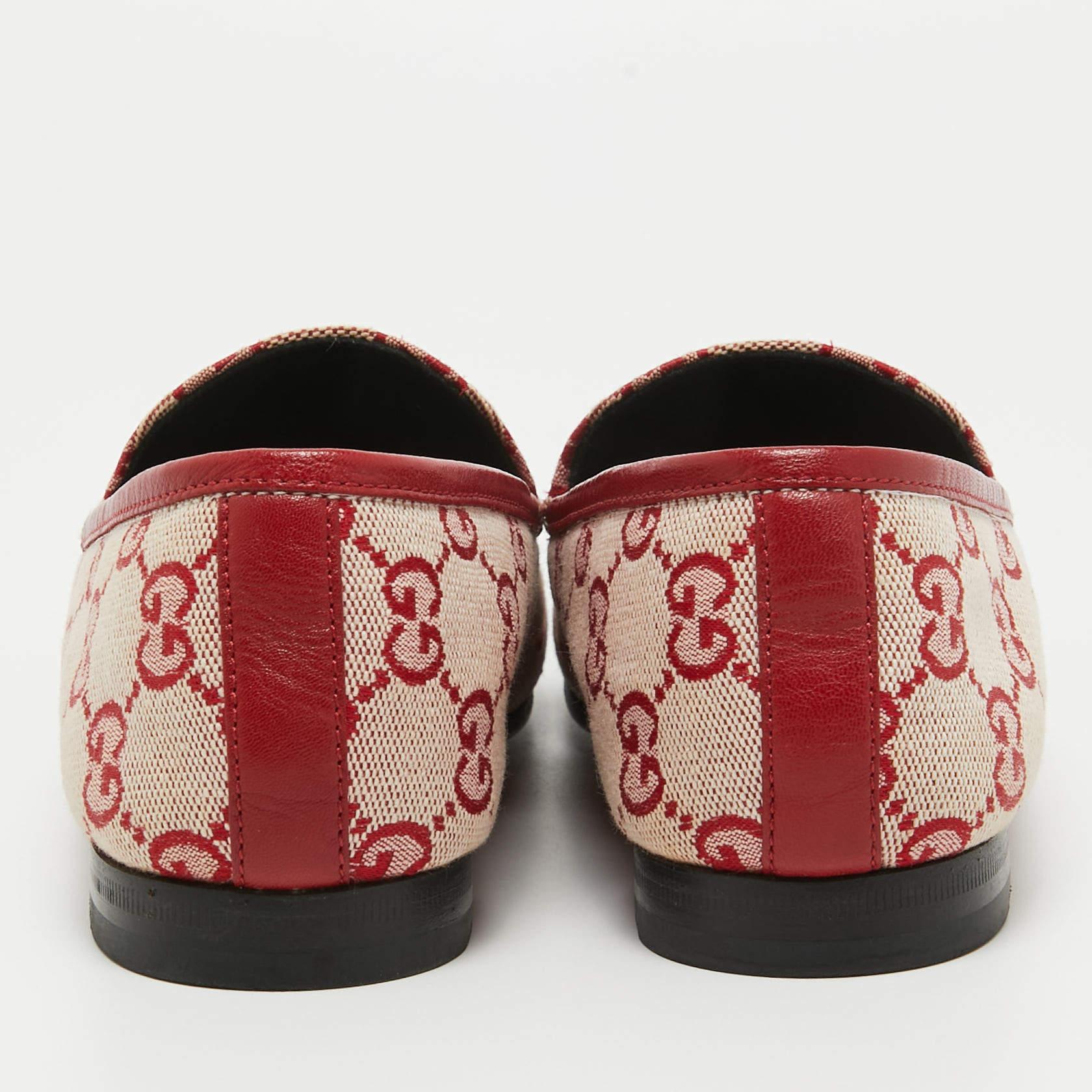 Gucci Pink/Red GG Canvas Jordaan Horsebit Loafers Size 37.5 In Good Condition In Dubai, Al Qouz 2
