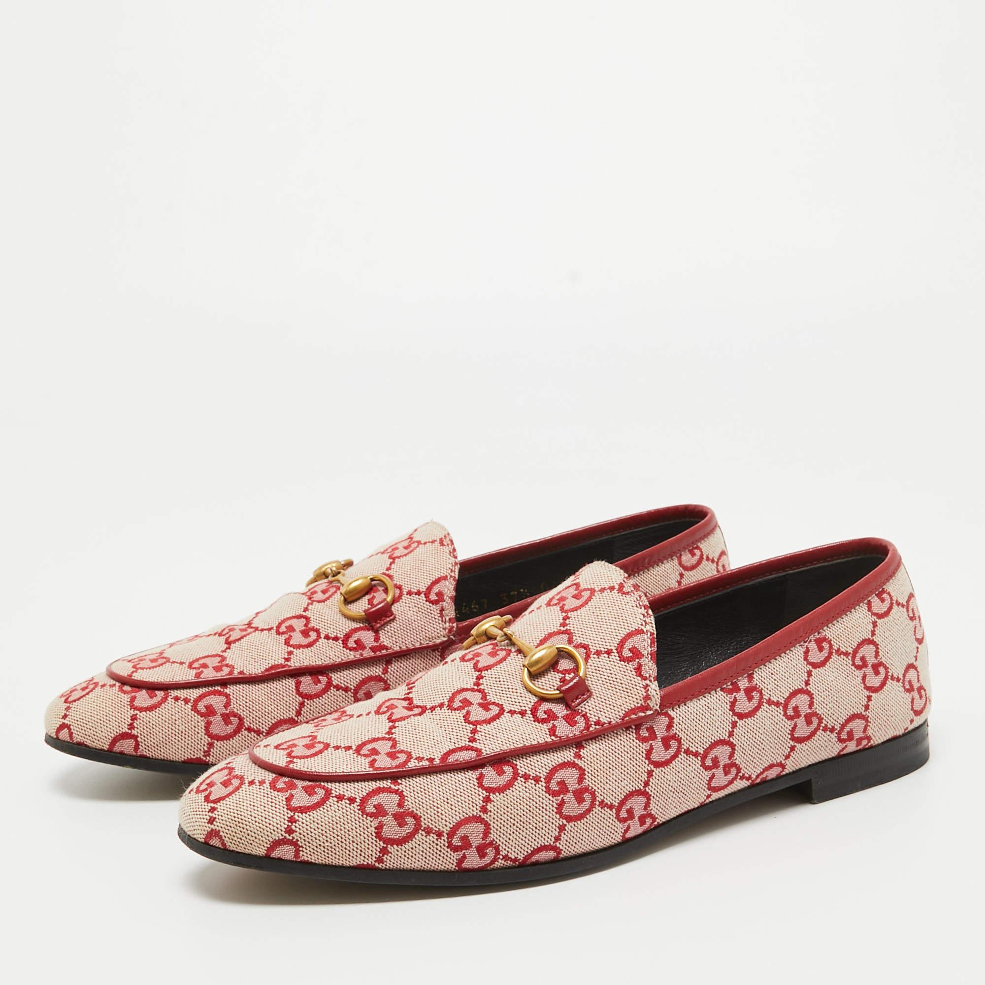 Gucci Pink/Red GG Canvas Jordaan Horsebit Loafers Size 37.5 2