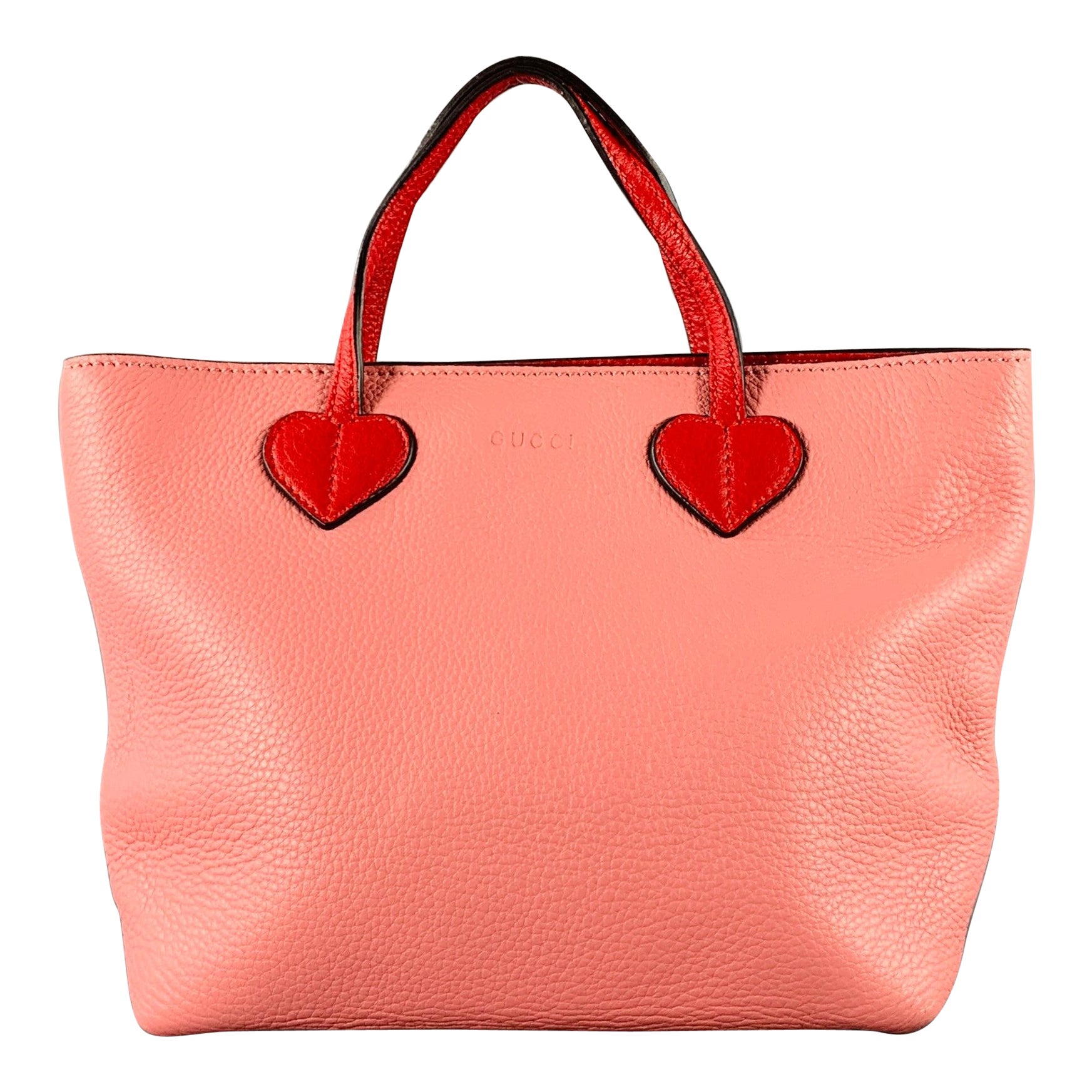 GUCCI Pink Red Heart Pebble Grain Leather Mini Tote Handbag