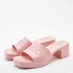 Gucci Pink Rubber Embossed Logo Block Heel Slide Sandals Size 39