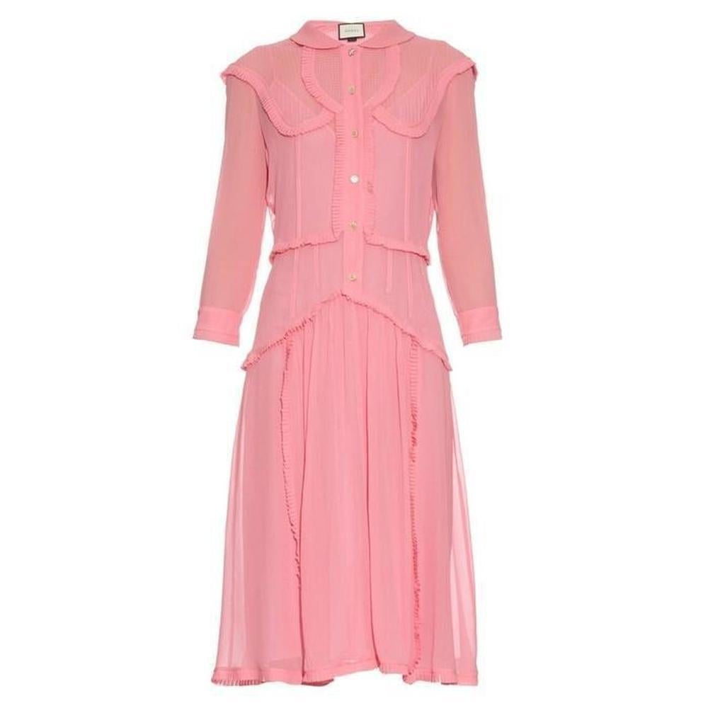 GUCCI Pink Ruffle Trimmed Silk Georgette Cocktail Dress and IT42 US 4-6 For Sale