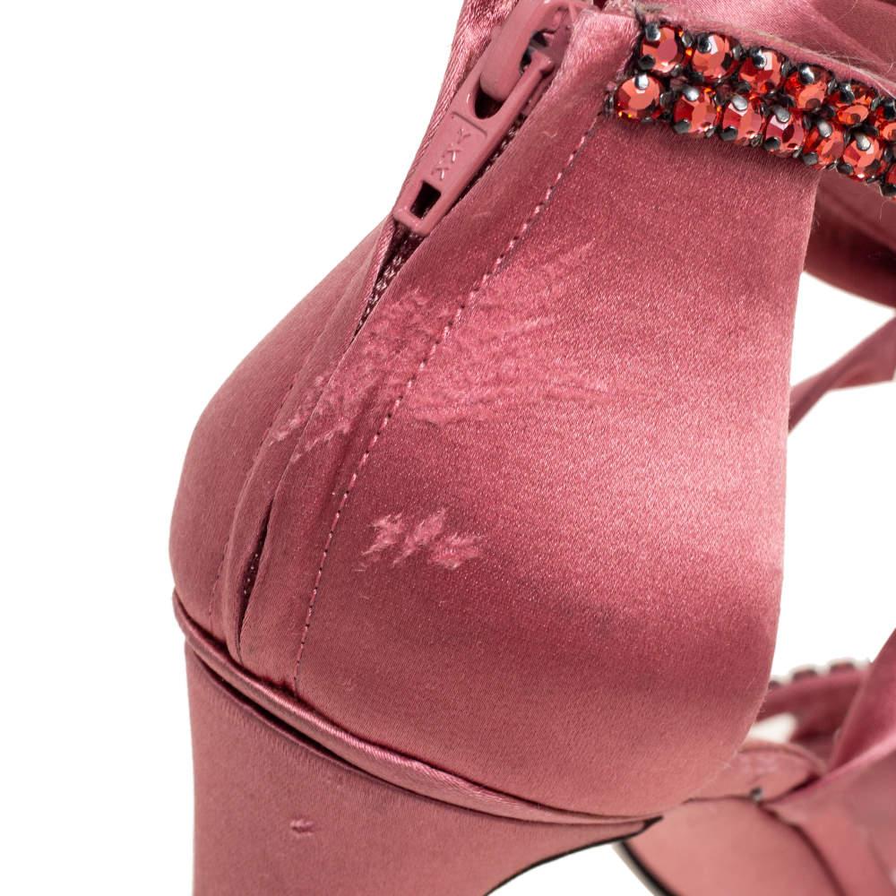 Gucci Pink Satin Crystal Embellished Ankle Wrap Sandals Size 38.5 For Sale 3