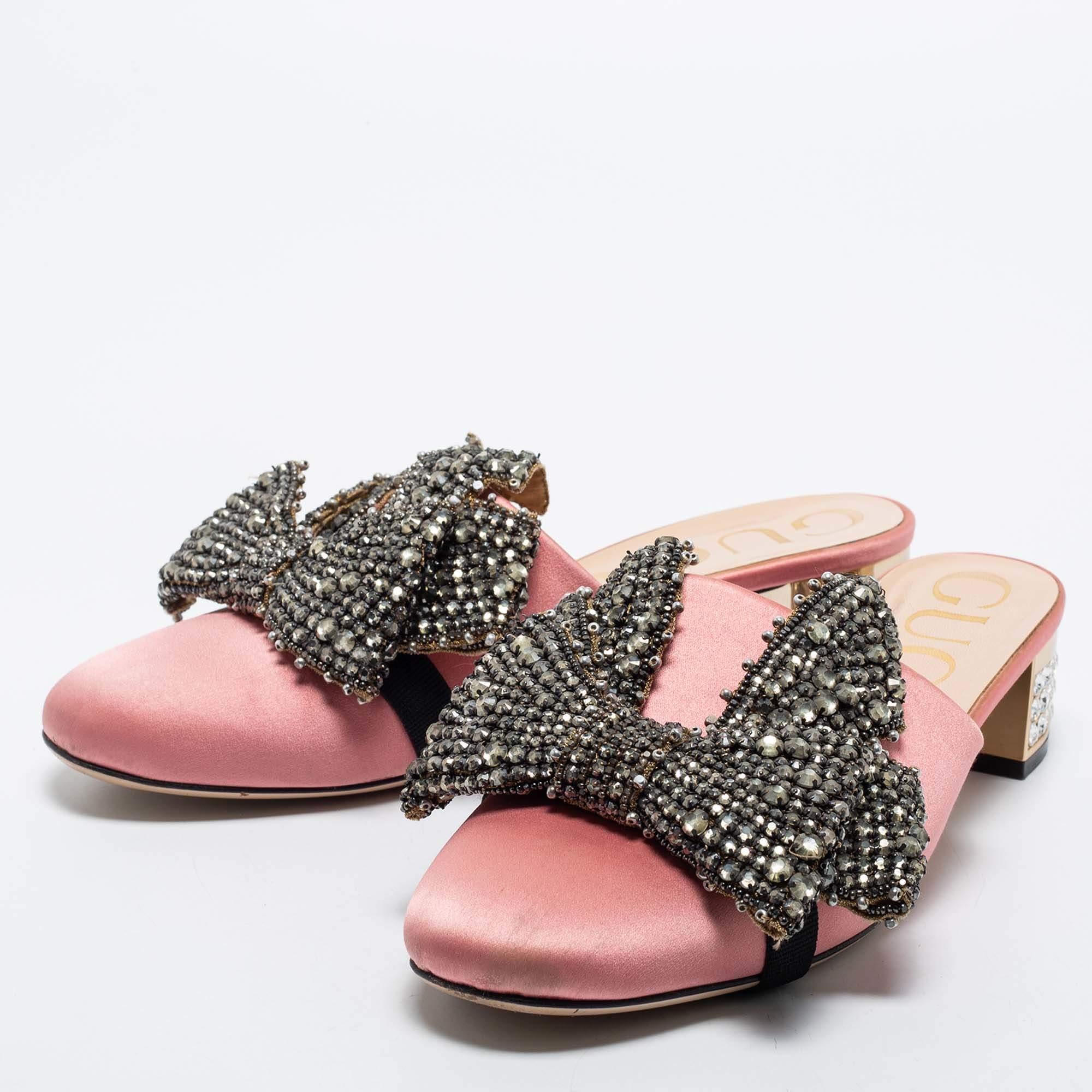 Gucci Pink Satin Crystal Embellished Bow Mules Size 37.5 2