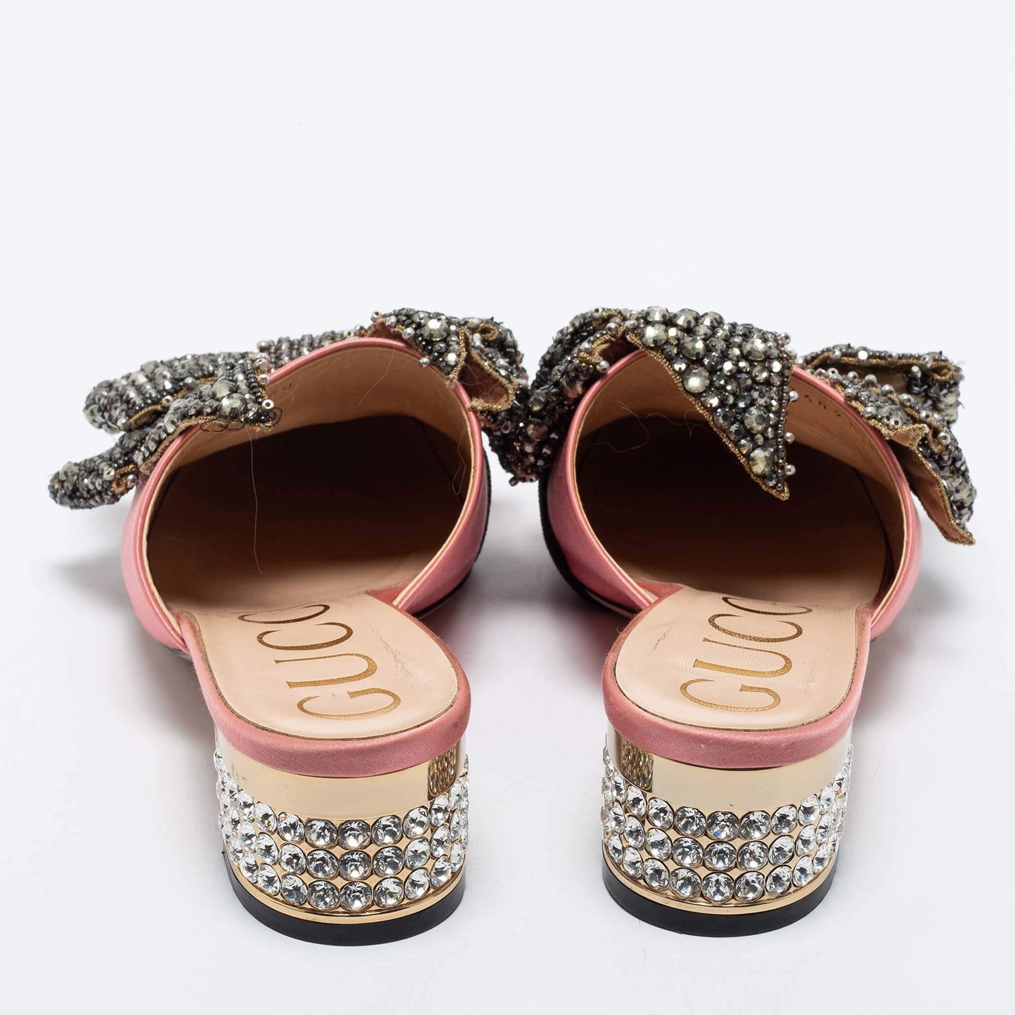 Gucci Pink Satin Crystal Embellished Bow Mules Size 37.5 3