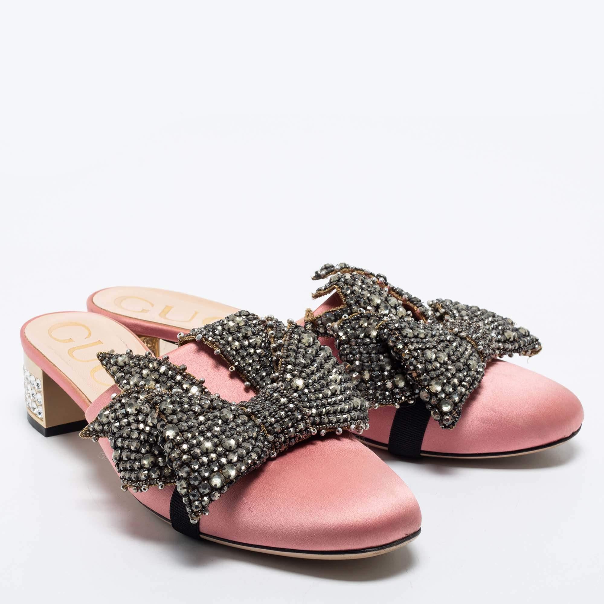 Gucci Pink Satin Crystal Embellished Bow Mules Size 37.5 4
