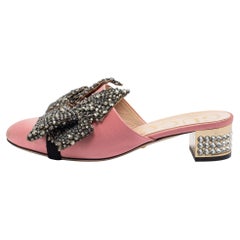 Gucci Pink Satin Crystal Embellished Bow Mules Size 37.5