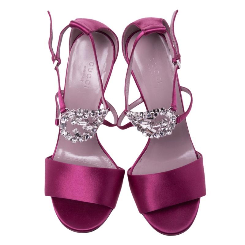 Gucci Pink Satin Crystal Embellished GG Interlocking Ankle Strap Sandals Size 37 1