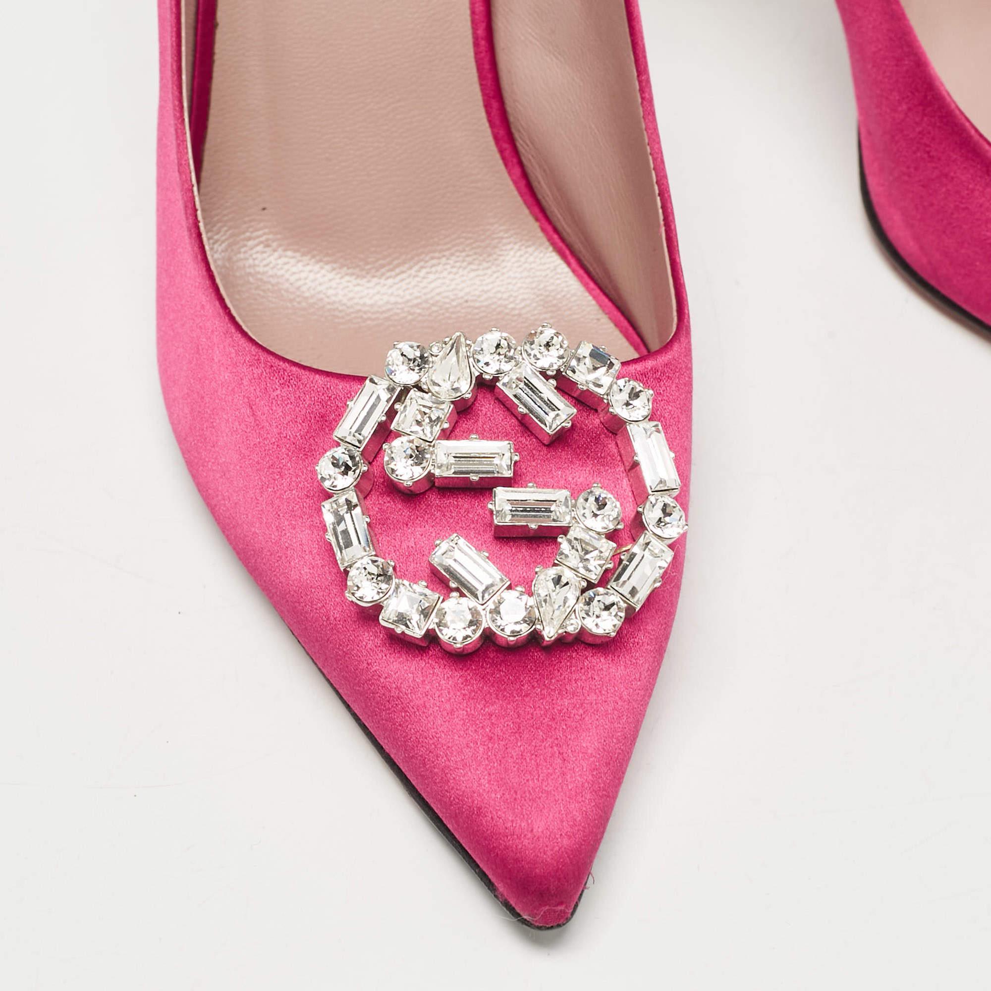 Gucci Pink Satin Crystal Embellished Interlocking G Pumps Size 38 For Sale 3