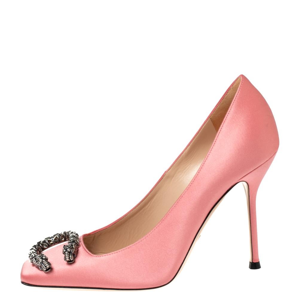 Women's Gucci Pink Satin Dionysus Buckle Square Toe Pumps Size 37.5