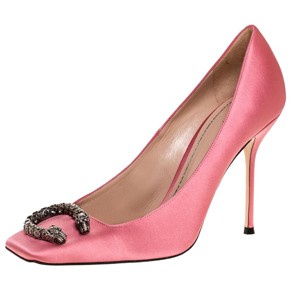 Gucci Pink Satin Dionysus Buckle Square Toe Pumps Size 41