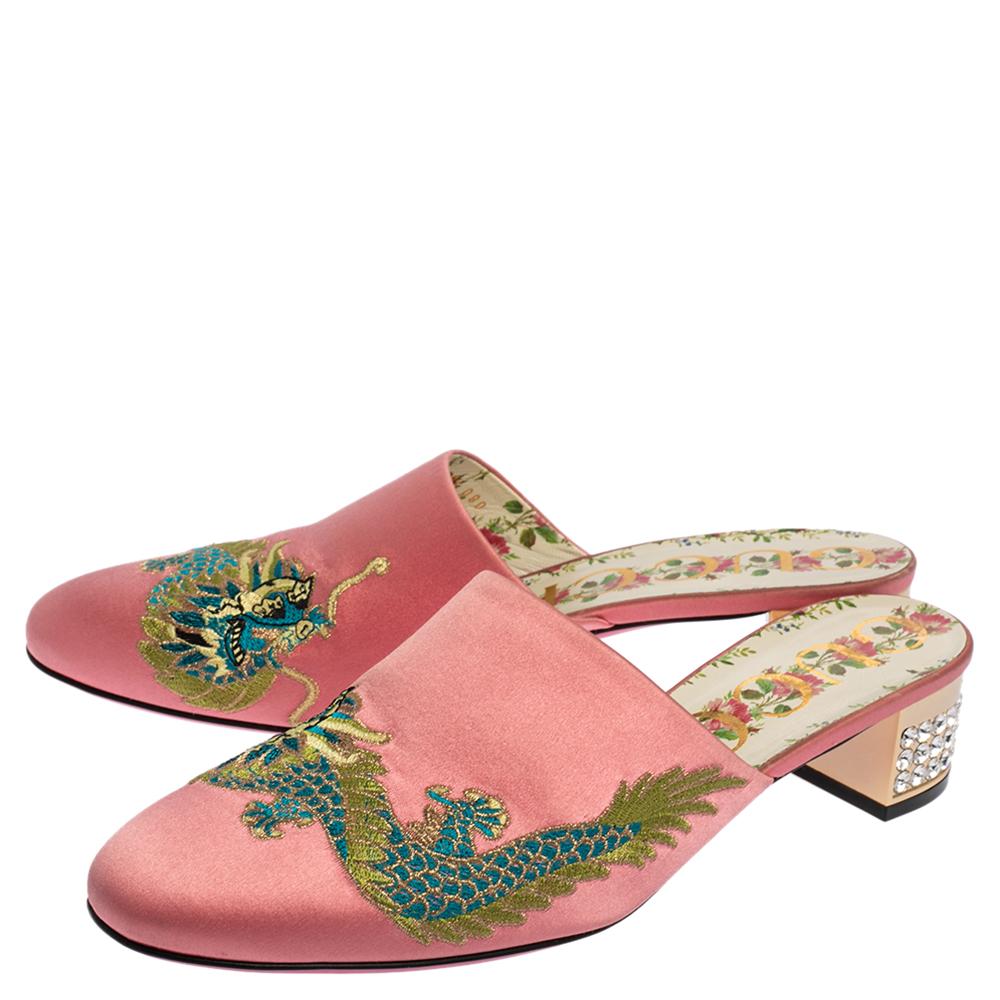 Women's Gucci Pink Satin Dragon Embroidery Mule Sandals Size 38.5