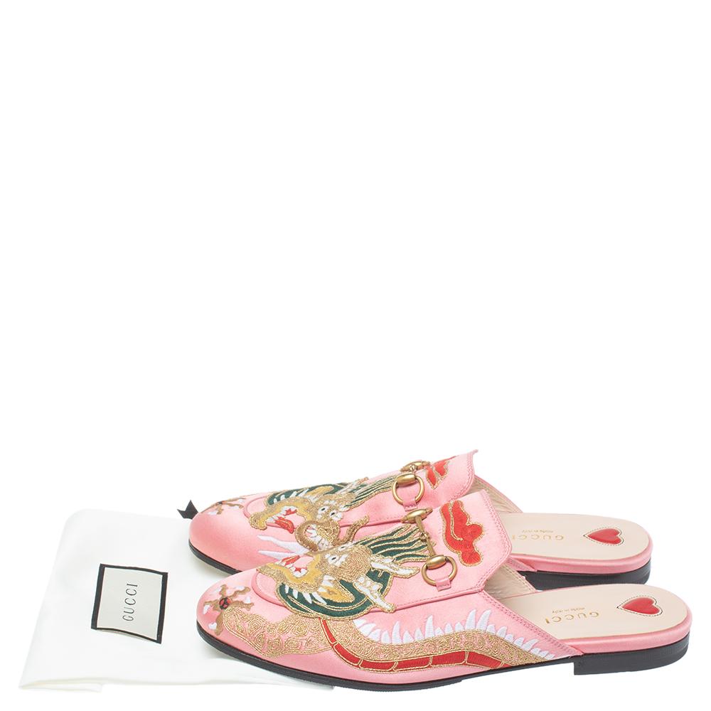 Women's Gucci Pink Satin Dragon Embroidery Princetown Mule Flats Size 40