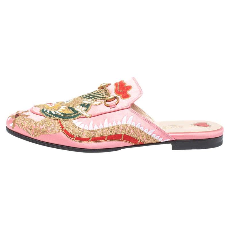 Gucci Pink Satin Dragon Embroidery Princetown Mule Flats Size 40 at 1stDibs | gucci dragon mules