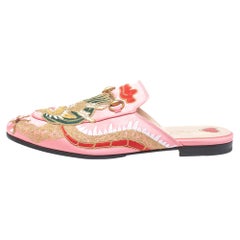 Gucci Pink Satin Dragon Embroidery Princetown Mule Flats Size 40