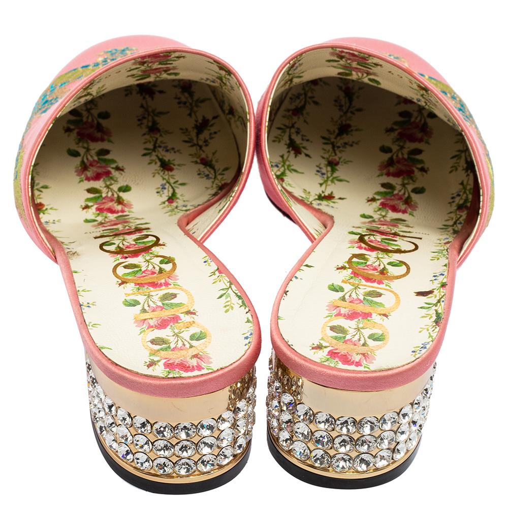 Beige Gucci Pink Satin Dragon Embroidery Slide Sandals Size 38