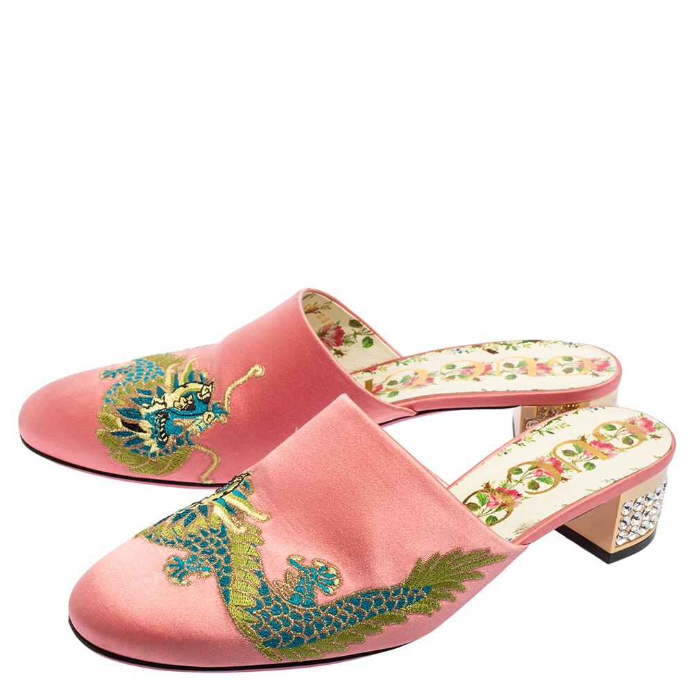 Gucci Pink Satin Dragon Embroidery Slide Sandals Size 38 2