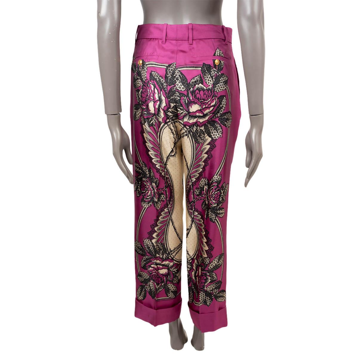 GUCCI pink silk 2019 FLORAL WIDE-LEG TWILL Pants 38 XS In Excellent Condition For Sale In Zürich, CH