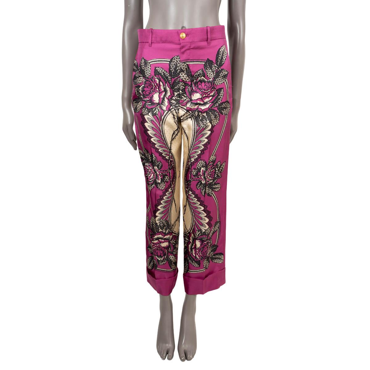 GUCCI pink silk 2019 FLORAL WIDE-LEG TWILL Pants 38 XS For Sale
