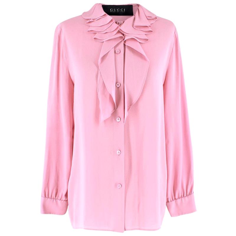 Gucci Pink Silk Ruffled Collar Tie-neck Blouse US 8 For Sale