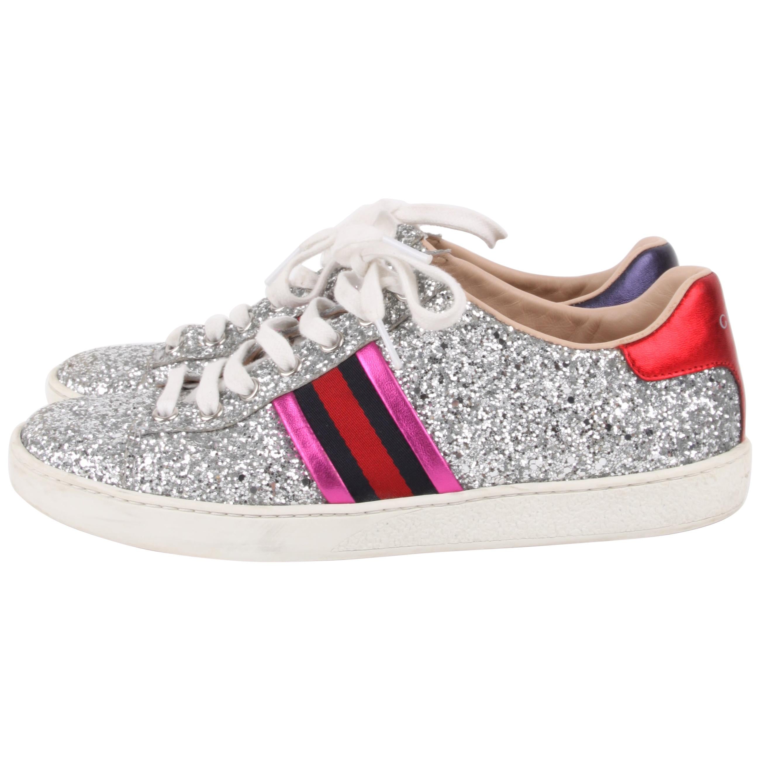 Gucci Pink Silver Glitter Ace Web Detail Sneakers