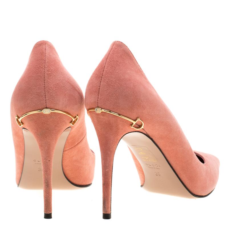 Women's Gucci Pink Suede Adina Horsebit Detail Pointed Toe Pumps Size 38