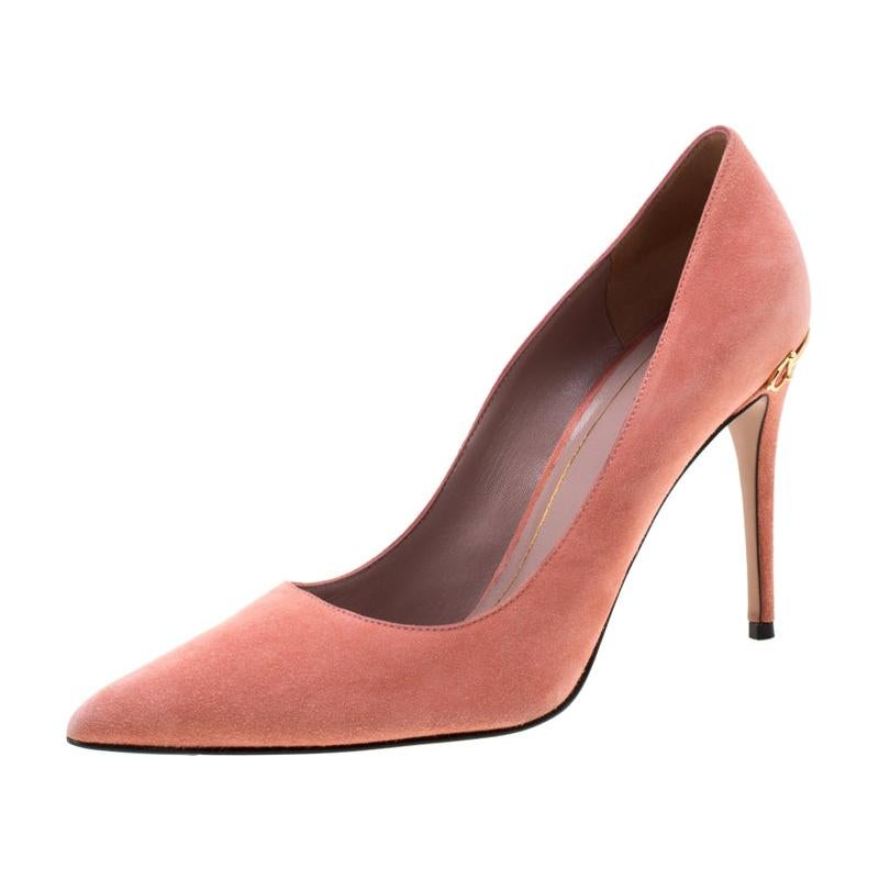 Gucci Pink Suede Adina Horsebit Detail Pointed Toe Pumps Size 38