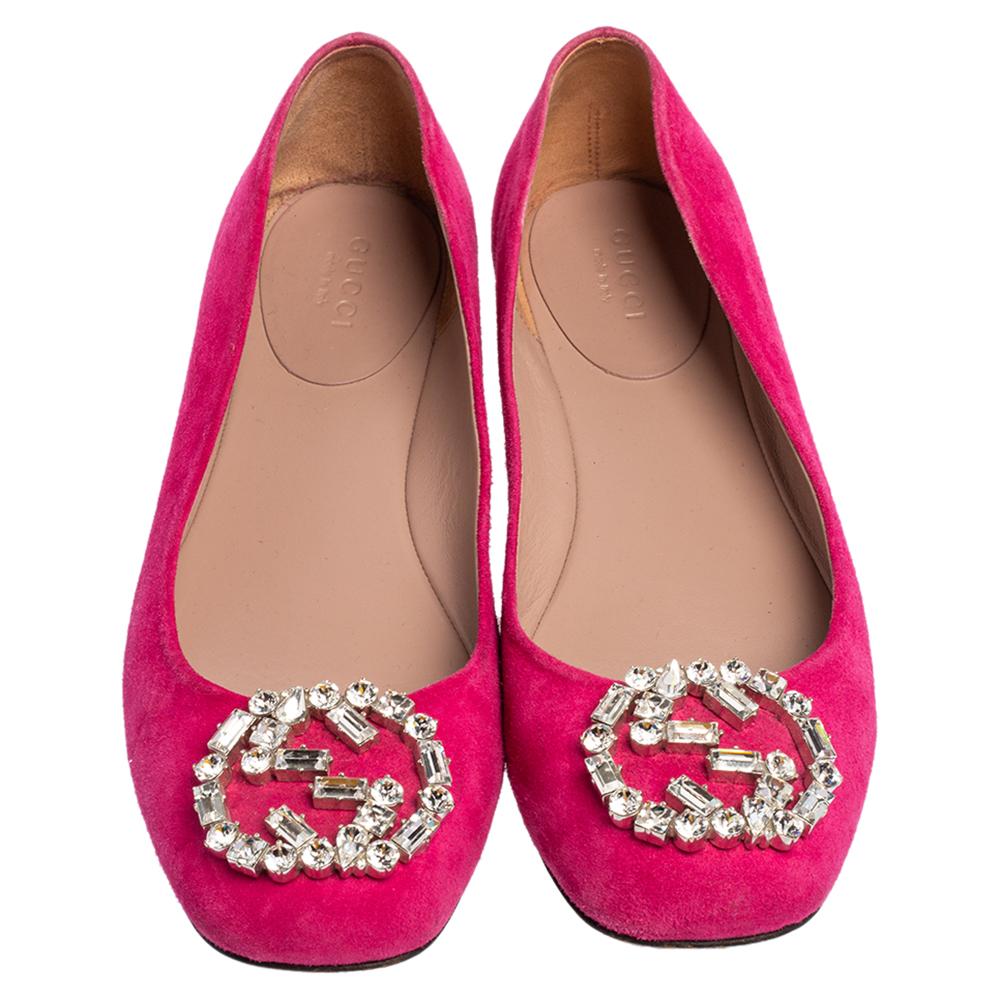 Gucci Pink Suede Crystal Embellishment Ballet Flats Size 36.5 1