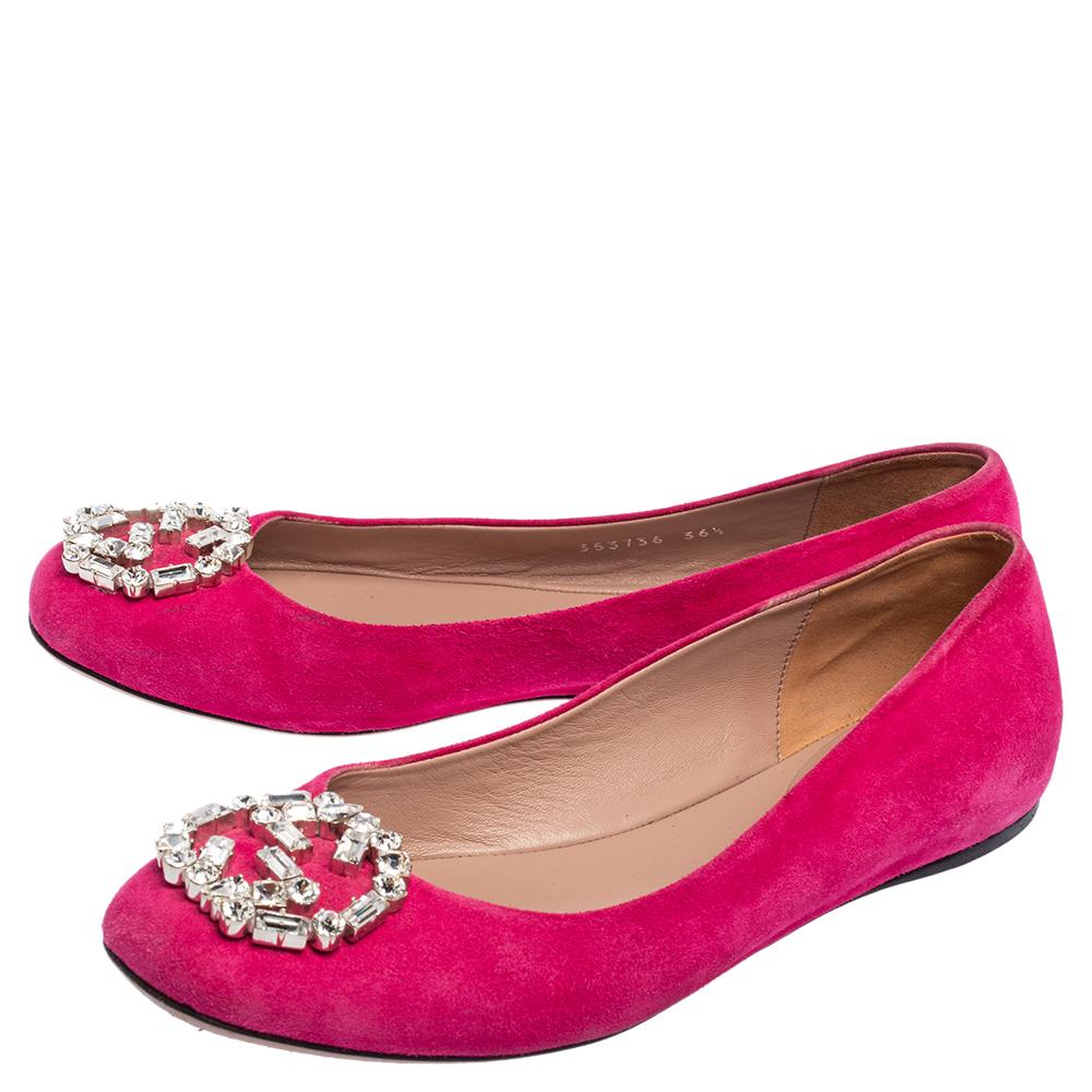Gucci Pink Suede Crystal Embellishment Ballet Flats Size 36.5 2