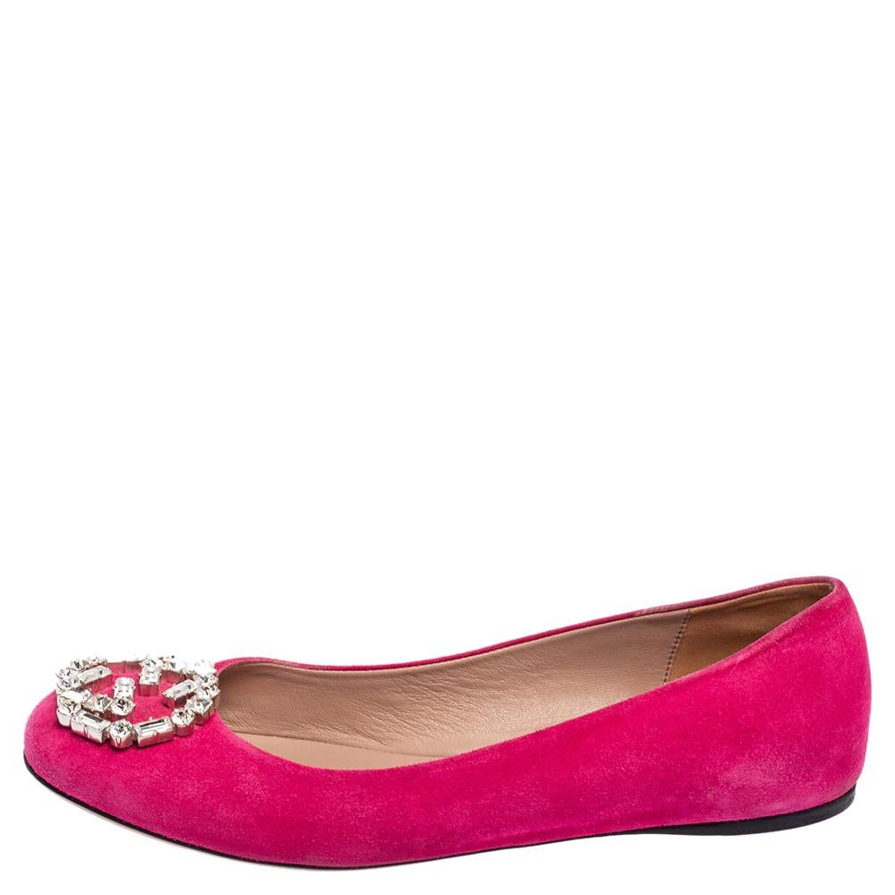 Gucci Pink Suede Crystal Embellishment Ballet Flats Size 36.5 3