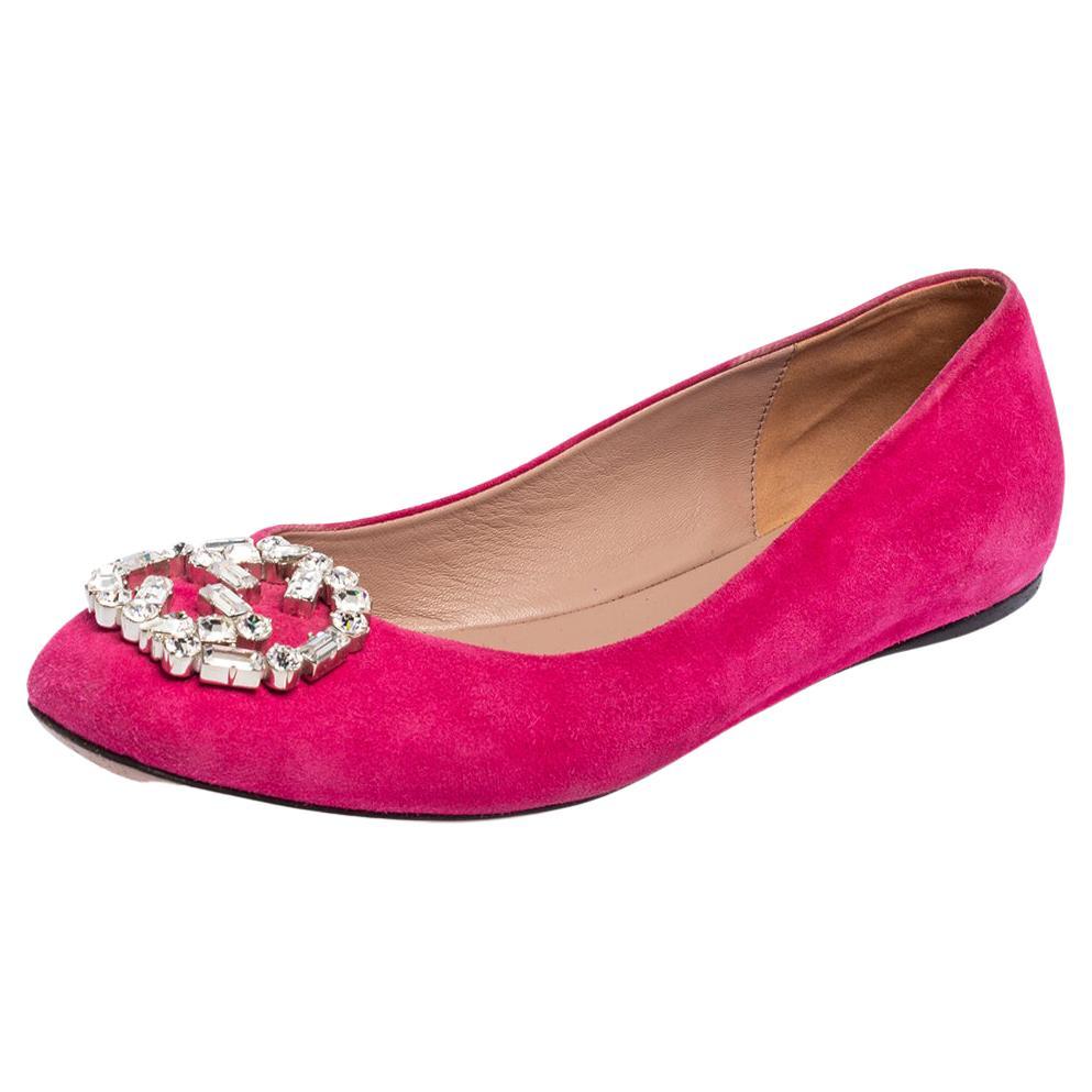 Gucci Pink Suede Crystal Embellishment Ballet Flats Size 36.5