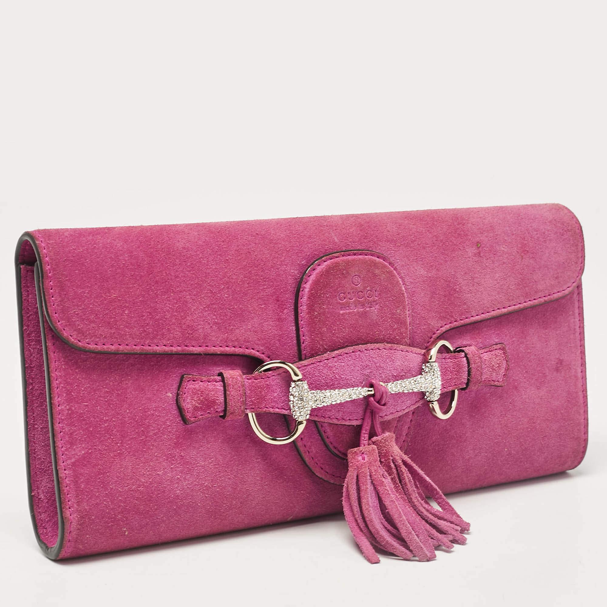 Gucci Pink Suede Crystals Horsebit Broadway Clutch In Fair Condition In Dubai, Al Qouz 2