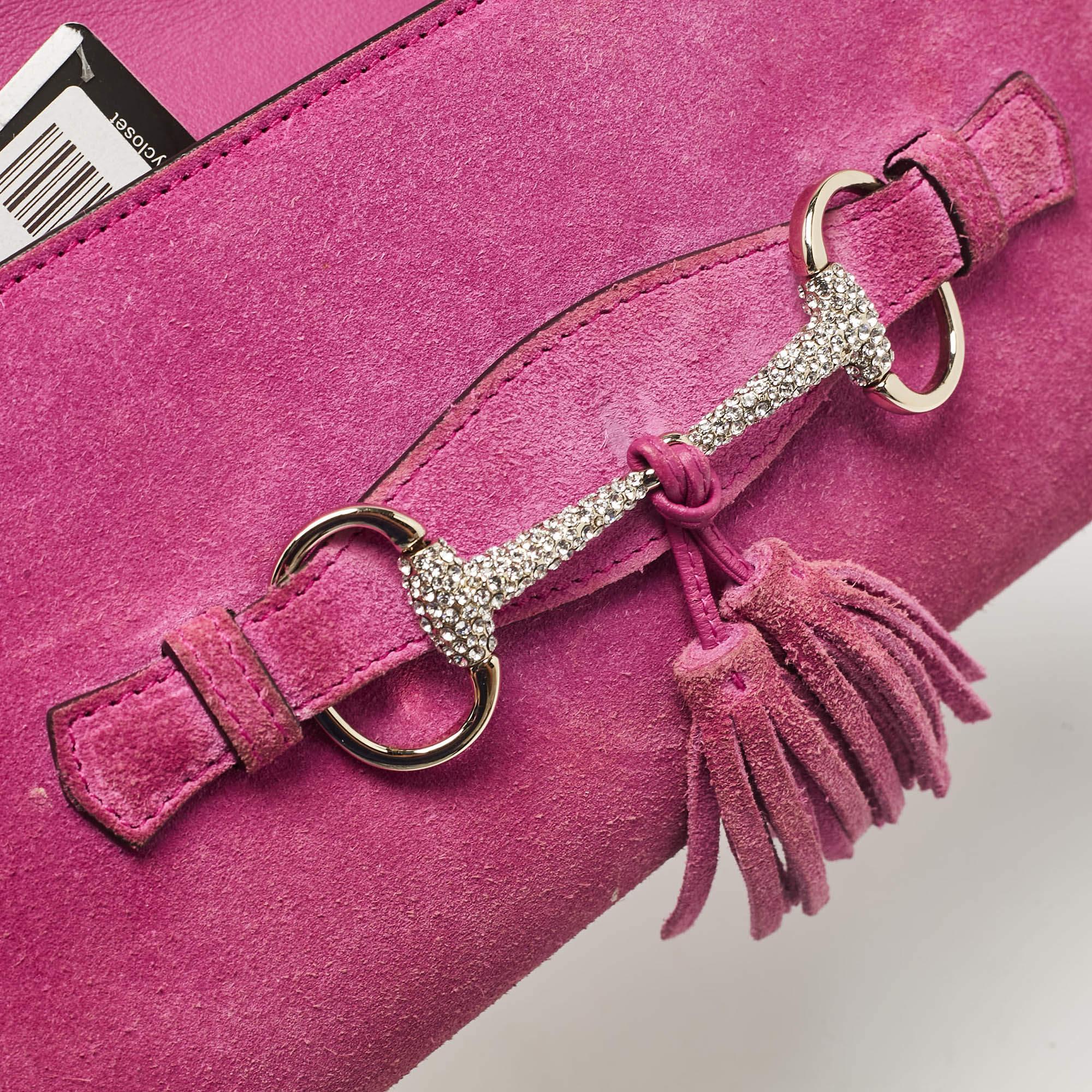 Gucci Pink Suede Crystals Horsebit Broadway Clutch 4