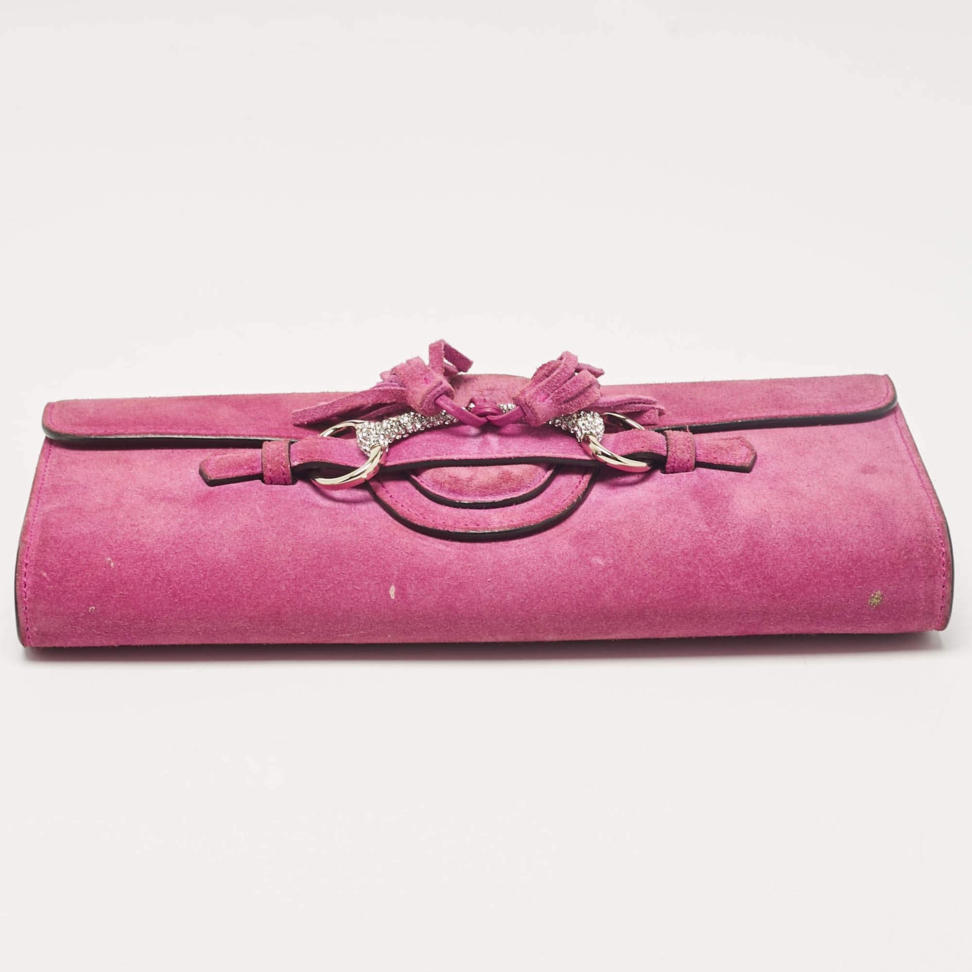 Gucci Pink Suede Crystals Horsebit Broadway Clutch 5