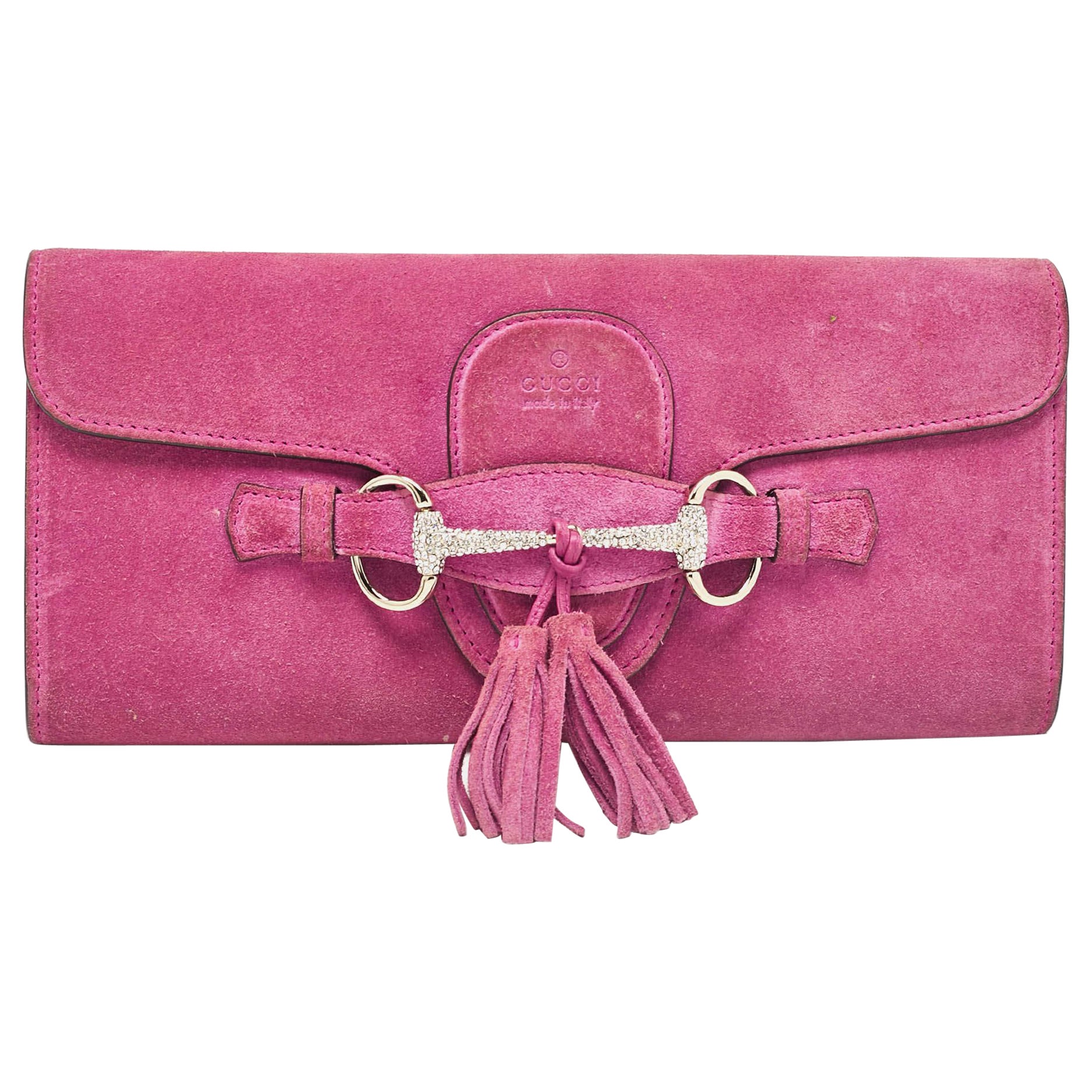 Gucci Pink Suede Crystals Horsebit Broadway Clutch