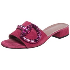 Gucci Pink Suede Embellished Horsebit Sandals Size 38.5