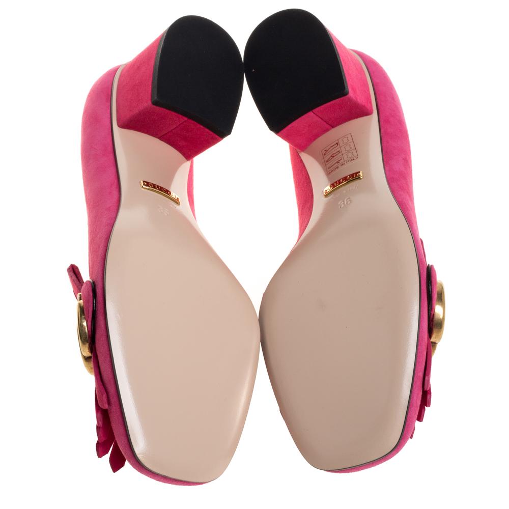 Women's Gucci Pink Suede GG Marmont Fringe Detail Square Toe Block Heel Pumps Size 36