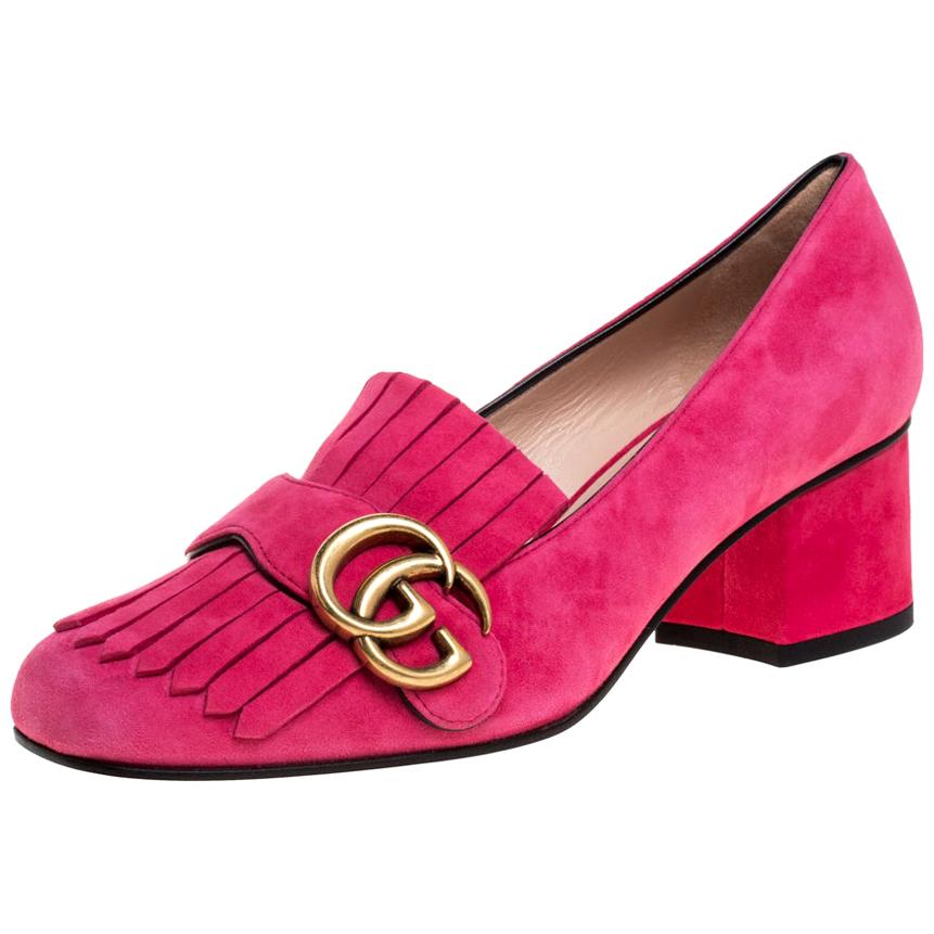 Gucci Pink Suede GG Marmont Fringe Detail Square Toe Block Heel Pumps Size 36
