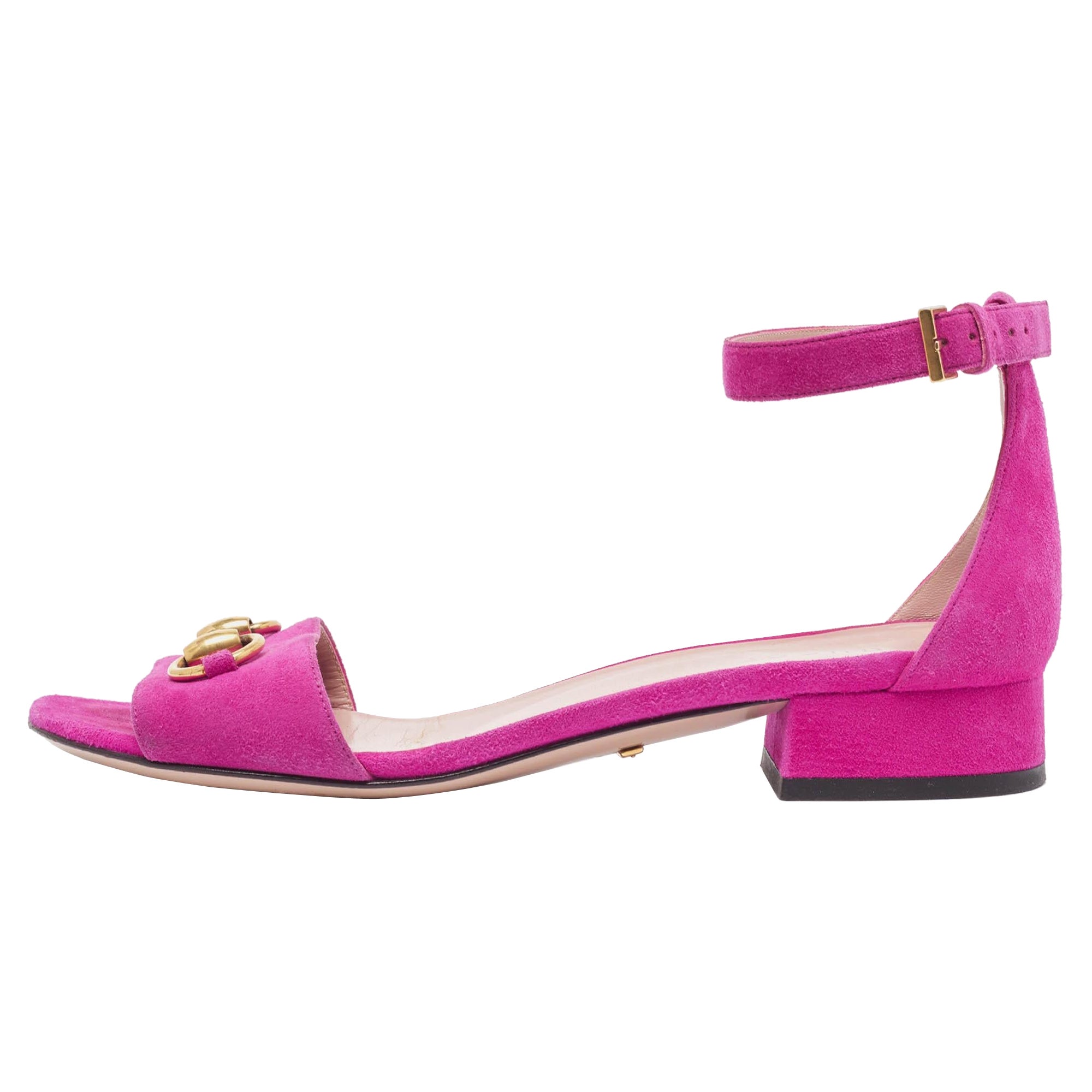 Gucci Pink Suede Horsebit Ankle Strap Sandals Size 36