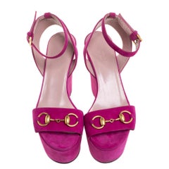Gucci Pink Suede Horsebit Platform Ankle Strap Wedge Sandals Size 36.5