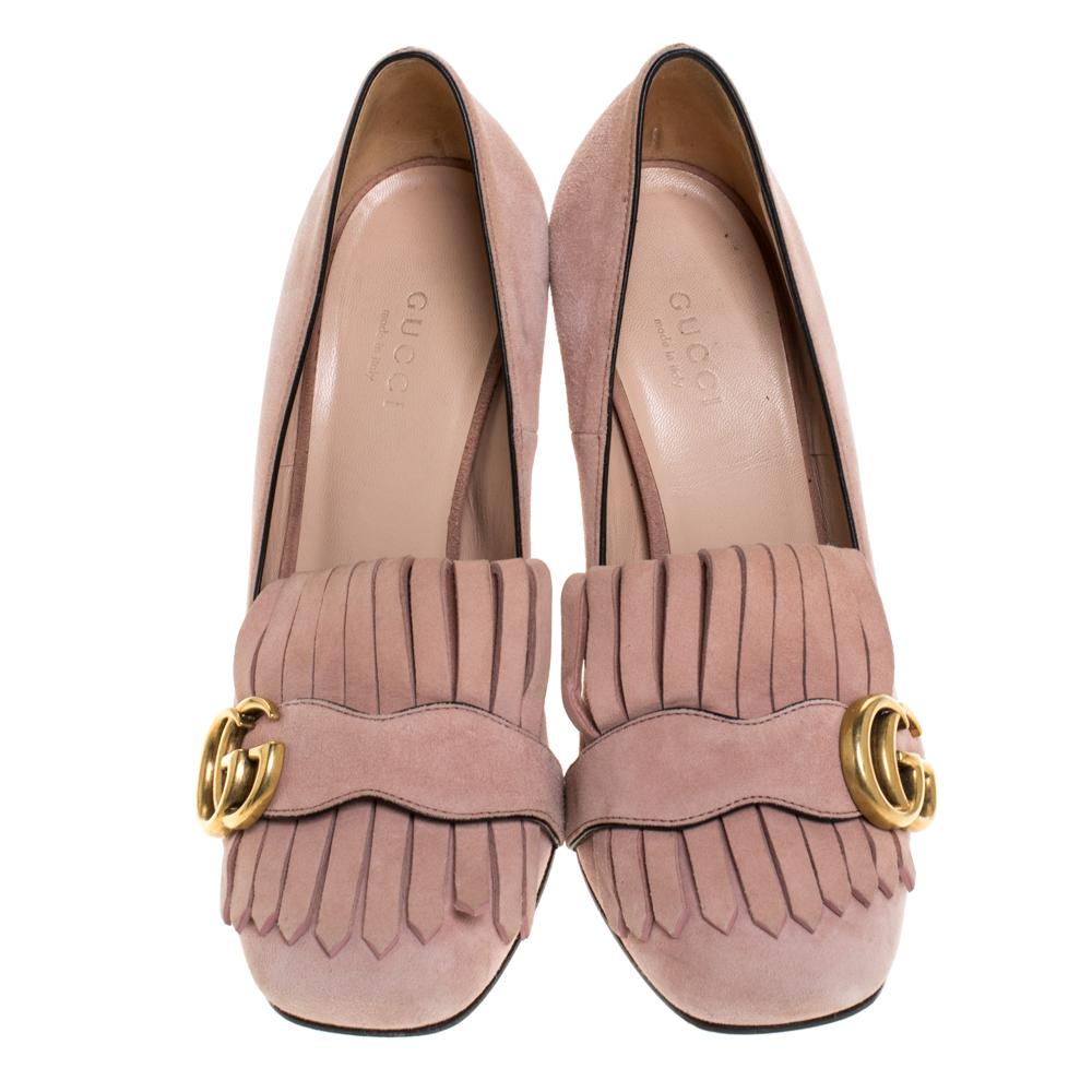 Brown Gucci Pink Suede Leather Fringe Detail GG Marmont Block Heel Pumps Size 36