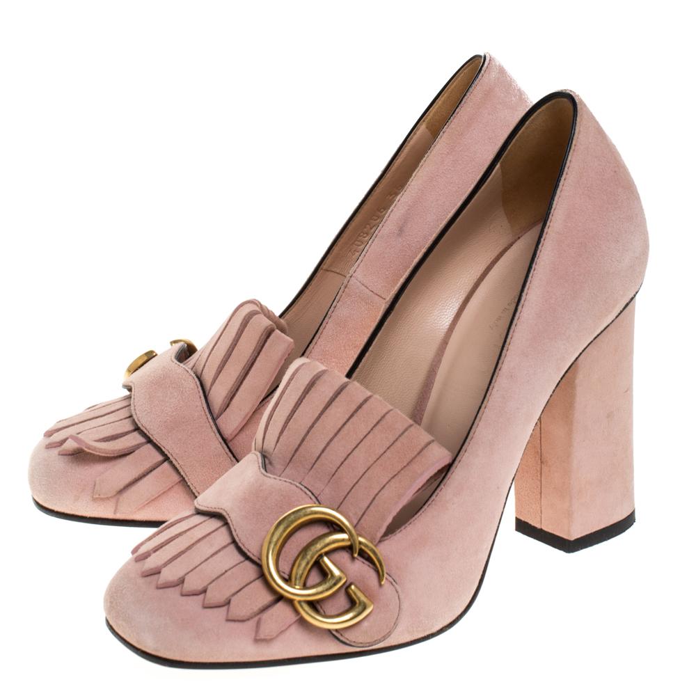 Gucci Pink Suede Leather Fringe Detail GG Marmont Block Heel Pumps Size 36 2