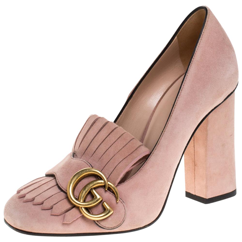 Gucci Pink Suede Leather Fringe Detail GG Marmont Block Heel Pumps Size 36