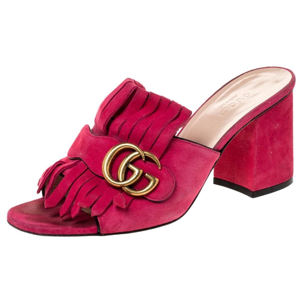 Gucci Pink Suede Leather GG Marmont Fringe Detail Open Toe Sandals Size 37